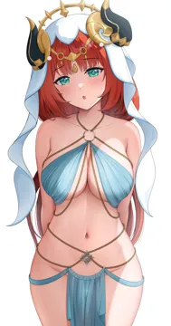 1girl adapted_costume arms_behind_back blush breasts chain chestnut_mouth circlet cleavage cowboy_shot dancer fake_horns genshin_impact groin harem_outfit horns jewelry long_hair looking_at_viewer medium_breasts navel neck_ring nilou__genshin_impact pelvic_curtain red_hair simple_background solo stomach underboob veil white_background white_headdress white_veil yisusjpl