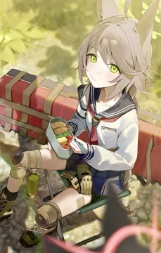 1girl ahoge animal_ears black_shorts black_socks blonde_hair blue_sailor_collar blue_skirt blush boots brown_boots chopsticks closed_mouth eating food food_on_face fox_ears fox_girl from_above green_eyes hair_between_eyes holding holding_bento holding_chopsticks knee_pads long_hair looking_at_viewer on_chair outdoors red_ribbon ribbon sailor_collar school_uniform shirt shorts shorts_under_skirt sidelocks sitting skirt socks white_shirt flatshi blue_archive otogi__blue_archive yukino__blue_archive