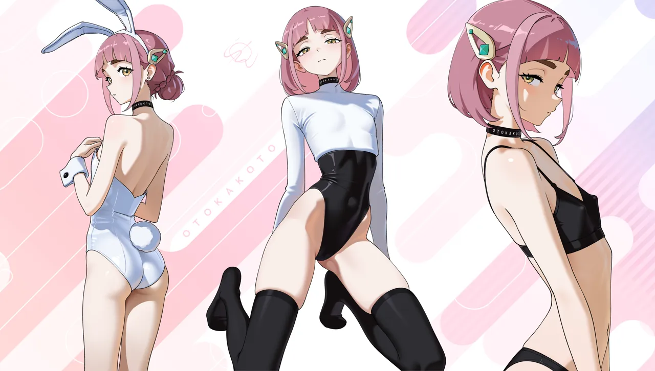 1girl animal_ears arched_bangs artist_name ass back bare_shoulders black_bra black_choker black_leotard black_panties black_thighhighs blush bra braid breasts cameltoe choker closed_mouth covered_navel covered_nipples earrings gradient_background hair_ornament hairband hairclip jewelry kneeling leotard long_sleeves looking_at_viewer looking_back median_furrow medium_hair multiple_views nose panties parted_lips pink_background pink_hair playboy_bunny ponytail rabbit_ears rabbit_tail shirt signature solo_focus strapless strapless_leotard stud_earrings tail thick_eyebrows thighhighs thighs underwear underwear_only white_background white_hairband white_leotard white_shirt white_tail white_wrist_cuffs wrist_cuffs yellow_eyes otokakoto pokemon pokemon_sv lacey__pokemon