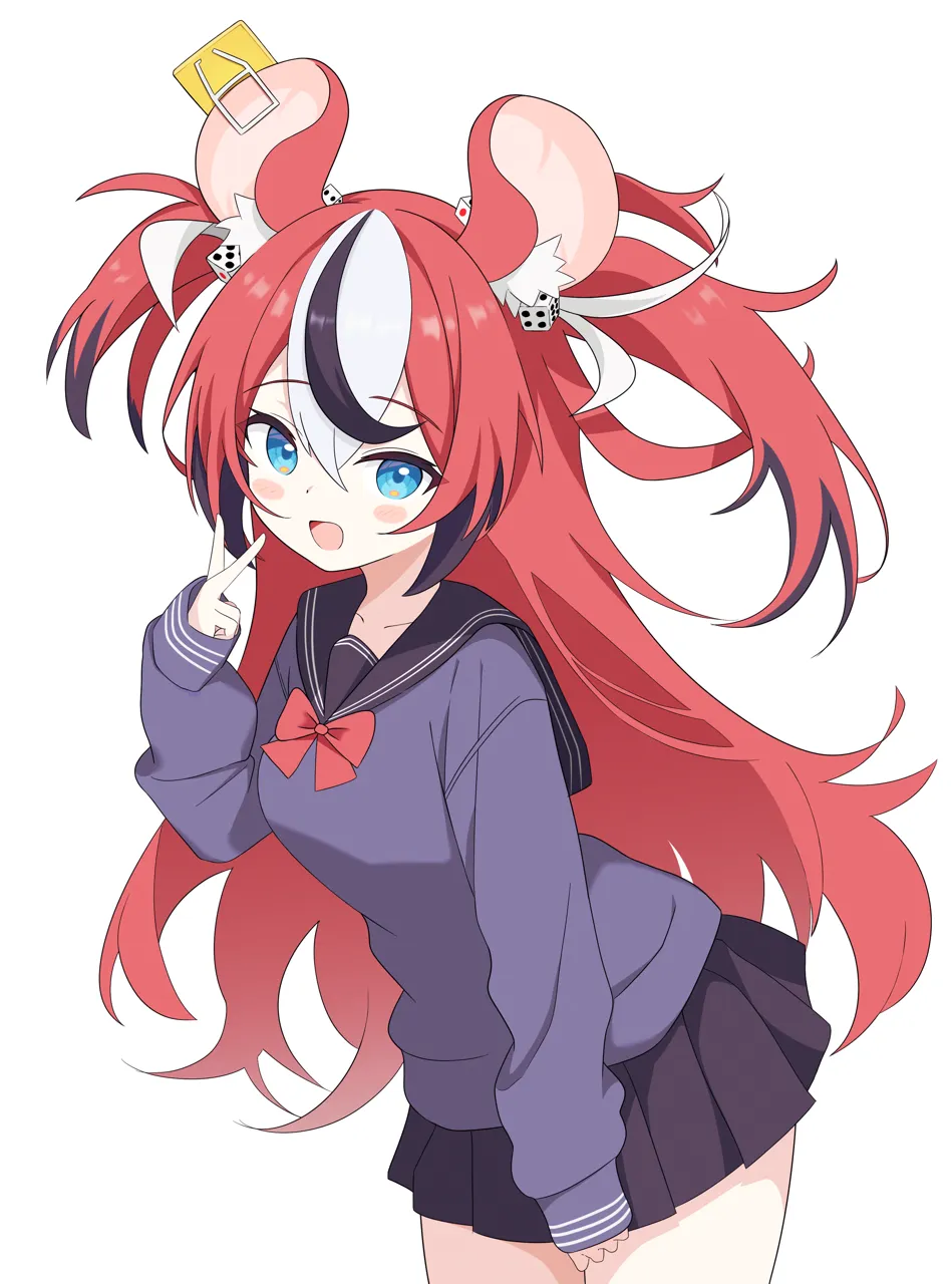 1girl alternate_costume animal_ear_fluff animal_ears black_hair black_sailor_collar black_shirt black_skirt blue_eyes blush dice_hair_ornament hair_ornament long_hair mouse_ears mouse_girl multicolored_hair open_mouth red_hair sailor_collar shirt skirt smile streaked_hair twintails virtual_youtuber white_background white_hair ogossi hololive hololive_english hakos_baelz__hololive
