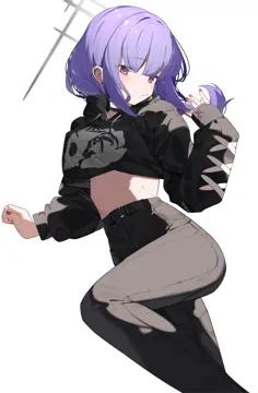1girl belt black_belt black_choker black_pants blush choker cowboy_shot cropped_hoodie ear_piercing hood hood_down hoodie long_sleeves midriff pants piercing purple_hair red_eyes red_nails solo spiked_choker spikes white_background hijo__nakare2845 blue_archive atsuko__blue_archive