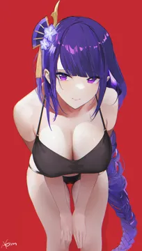 1girl bare_shoulders black_camisole black_panties braid breasts camisole cleavage closed_mouth flower genshin_impact hair_flower hair_ornament large_breasts leaning_forward long_hair looking_at_viewer low_braided_long_hair low_tied_long_hair no_pants omone_hokoma_agm panties purple_eyes purple_flower purple_hair raiden_shogun raised_eyebrows red_background shiny_skin simple_background smile solo spaghetti_strap tassel tassel_hair_ornament thighs underwear underwear_only very_long_hair