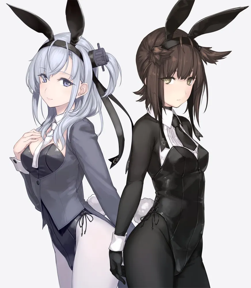 2girls alternate_costume animal_ears black_bodysuit black_leotard blue_eyes bodysuit bright_pupils brown_eyes brown_hair coattails contrapposto cowboy_shot dated detached_collar expressionless fake_animal_ears grey_background grey_hair hair_flaps hairband leotard long_hair long_sleeves looking_at_viewer multiple_girls necktie one_side_up pantyhose playboy_bunny rabbit_ears rabbit_tail short_hair sidelocks simple_background standing tail white_pantyhose rokuwata_tomoe kantai_collection hatsuzuki__kancolle suzutsuki__kancolle