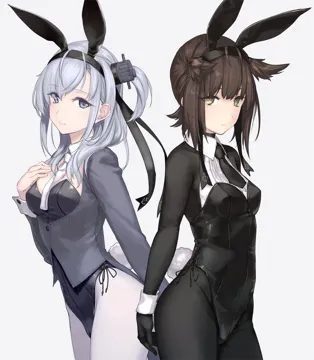 2girls alternate_costume animal_ears black_bodysuit black_leotard blue_eyes bodysuit bright_pupils brown_eyes brown_hair coattails contrapposto cowboy_shot dated detached_collar expressionless fake_animal_ears grey_background grey_hair hair_flaps hairband leotard long_hair long_sleeves looking_at_viewer multiple_girls necktie one_side_up pantyhose playboy_bunny rabbit_ears rabbit_tail short_hair sidelocks simple_background standing tail white_pantyhose rokuwata_tomoe kantai_collection hatsuzuki__kancolle suzutsuki__kancolle