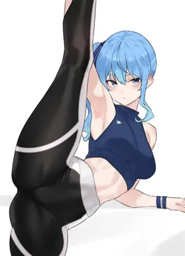 1girl alternate_breast_size alternate_costume armpits black_pants blue_eyes blue_hair bluefield breasts closed_mouth crop_top crotch_seam hair_between_eyes high_waist_pants hololive hoshimachi_suisei long_hair looking_at_viewer midriff pants side_ponytail solo split star__symbol star_in_eye sweatpants symbol_in_eye two_tone_pants virtual_youtuber white_background white_pants