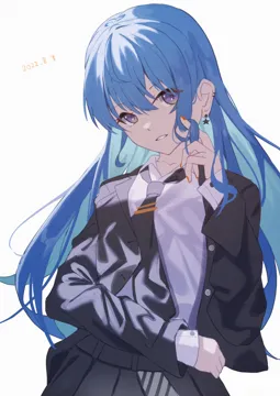 1girl alternate_costume blazer blue_eyes blue_hair collared_shirt dated dress_shirt earrings jacket jewelry long_hair nail_polish necktie official_alternate_hair_length official_alternate_hairstyle orange_nails parted_lips school_uniform shirt simple_background skirt solo star__symbol star_earrings star_in_eye symbol_in_eye tie_clip twirling_hair upper_body virtual_youtuber white_background maria_onnette hololive hoshimachi_suisei__hololive