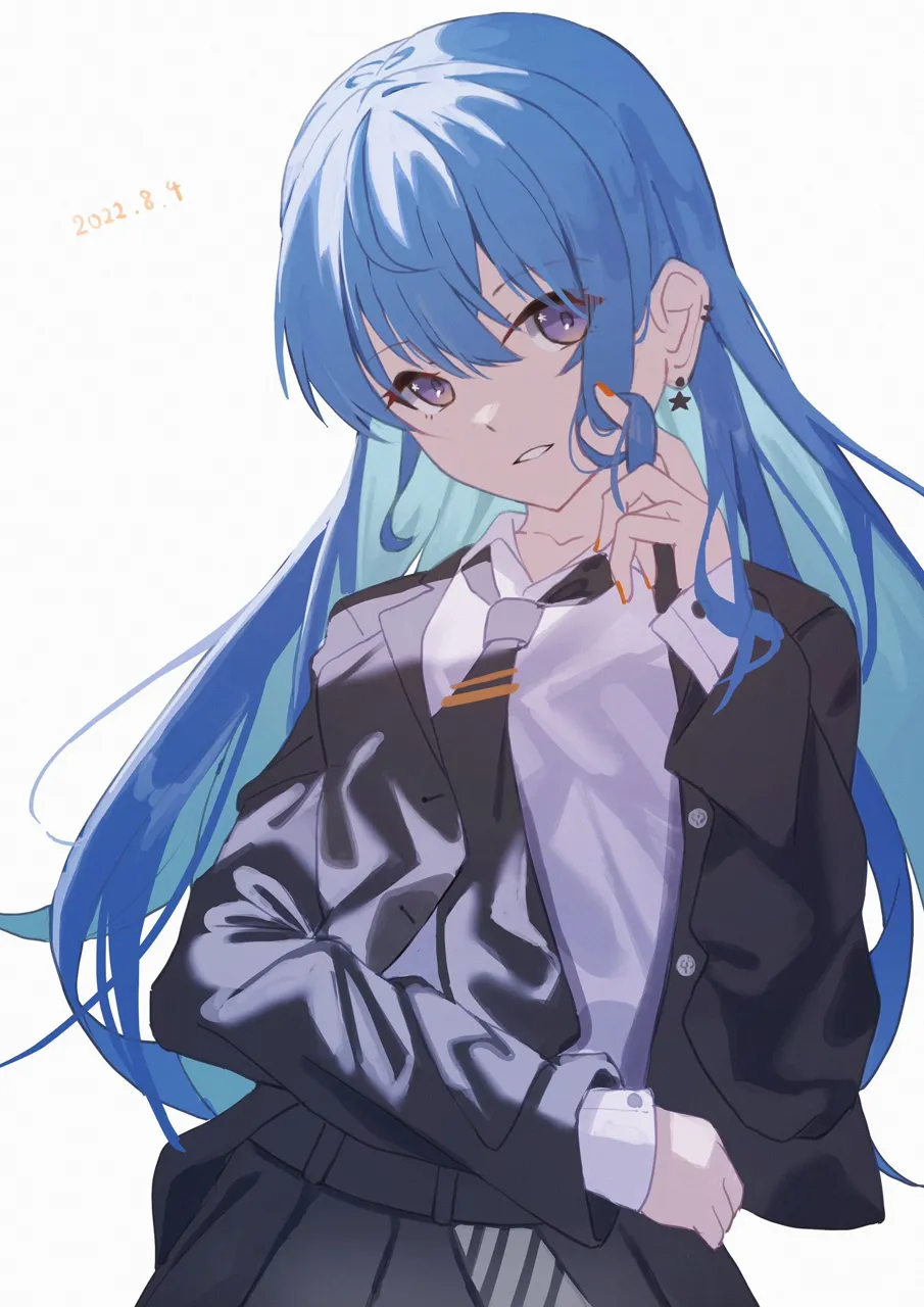 1girl alternate_costume blazer blue_eyes blue_hair collared_shirt dated dress_shirt earrings jacket jewelry long_hair nail_polish necktie official_alternate_hair_length official_alternate_hairstyle orange_nails parted_lips school_uniform shirt simple_background skirt solo star__symbol star_earrings star_in_eye symbol_in_eye tie_clip twirling_hair upper_body virtual_youtuber white_background maria_onnette hololive hoshimachi_suisei__hololive