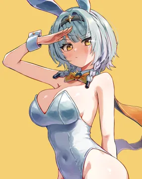 1girl alternate_costume animal_ears arm_behind_back black_hairband blush bow bowtie braid breasts cleavage closed_mouth covered_navel cowboy_shot detached_collar embarrassed fake_animal_ears frown gleam grey_hair hair_intakes hairband highleg highleg_leotard leotard looking_at_viewer low_twin_braids medium_breasts orange_scarf playboy_bunny rabbit_ears salute scarf short_hair simple_background solo standing twin_braids v_shaped_eyebrows white_leotard wrist_cuffs yellow_background yellow_bow yellow_bowtie yellow_eyes so2mizura zenless_zone_zero anby_demara__zenless_zone_zero anby_demara__silver_soldier__zenless_zone_zero