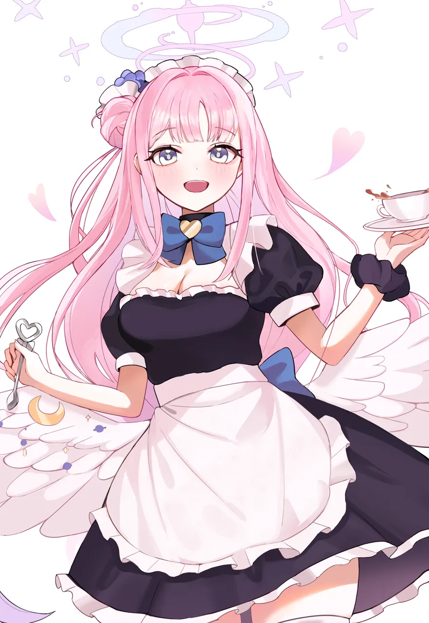 1girl angel_wings apron black_dress black_eyes black_scrunchie blue_bow blue_halo blush bow breasts cleavage crescent cup dot_nose dress feathered_wings fingernails flower gradient_hair gradient_halo hair_bun hair_flower hair_intakes hair_ornament hair_ribbon halo happy heart heart_shaped_ornament heart_collar holding holding_plate holding_spoon large_breasts long_hair looking_at_viewer low_wings maid maid_headdress multicolored_eyes multicolored_hair multicolored_halo open_mouth pink_hair pink_halo plate puffy_short_sleeves puffy_sleeves purple_flower ribbon scrunchie short_sleeves simple_background single_side_bun smile solo spoon spoon_bow tea teacup teeth thighhighs thighs two_tone_eyes upper_teeth_only waist_apron white_apron white_background white_headdress white_ribbon white_thighhighs white_wings wings wrist_scrunchie yellow_eyes zije blue_archive mika__blue_archive
