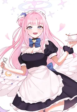 1girl angel_wings apron black_dress black_eyes black_scrunchie blue_bow blue_halo blush bow breasts cleavage crescent cup dot_nose dress feathered_wings fingernails flower gradient_hair gradient_halo hair_bun hair_flower hair_intakes hair_ornament hair_ribbon halo happy heart heart_shaped_ornament heart_collar holding holding_plate holding_spoon large_breasts long_hair looking_at_viewer low_wings maid maid_headdress multicolored_eyes multicolored_hair multicolored_halo open_mouth pink_hair pink_halo plate puffy_short_sleeves puffy_sleeves purple_flower ribbon scrunchie short_sleeves simple_background single_side_bun smile solo spoon spoon_bow tea teacup teeth thighhighs thighs two_tone_eyes upper_teeth_only waist_apron white_apron white_background white_headdress white_ribbon white_thighhighs white_wings wings wrist_scrunchie yellow_eyes zije blue_archive mika__blue_archive