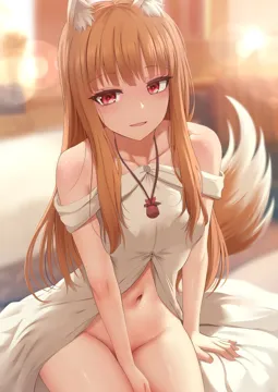 1girl alternate_costume animal_ear_fluff animal_ears arm_at_side bare_shoulders between_legs blunt_bangs blurry blurry_background blush brown_hair collarbone convenient_arm cowboy_shot depth_of_field dress eyelashes ginhaha hand_between_legs holo indoors long_hair looking_at_viewer navel off_shoulder off_shoulder_dress on_bed open_mouth red_eyes sidelocks sitting smile solo spice_and_wolf straight_hair tail very_long_hair white_dress wolf_ears wolf_girl wolf_tail