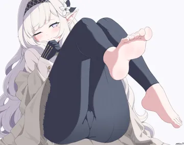 1girl bangs barefoot blush covering_mouth elf eyebrows_visible_through_hair feet feet_up flower gloves hair_flower hair_ornament hairband legs_up long_hair long_sleeves looking_at_viewer lying on_back one_eye_closed pointy_ears purple_eyes soles solo toeless_legwear toes very_long_hair blue_archive akeboshi_himari__blue_archive