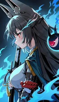 1girl animal_ear_fluff animal_ears black_hair blue_background blue_fire blunt_bangs breasts chromatic_aberration closed_mouth dress_shirt fingernails fire fox_ears fox_girl from_side gauntlets green_jacket holding holding_sword holding_weapon jacket large_breasts long_hair necktie red_eyes shirt sidelocks solo sword upper_body weapon white_shirt kumo33 zenless_zone_zero hoshimi_miyabi__zenless_zone_zero tailless__zenless_zone_zero