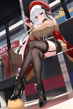 1girl alternate_legwear arm_at_side azur_lane bag bare_shoulders belfast__azur_lane belfast__shopping_with_the_head_maid__azur_lane bench beret black_bow black_choker black_footwear black_ribbon black_skirt black_thighhighs blush bow brand_name_imitation breasts brown_sweater brown_thighhighs choker closed_mouth crossed_legs cup deal_with_it__meme disposable_cup drinking_straw dutch_angle earrings fingernails footwear_ribbon from_below full_body garter_straps hair_between_eyes hair_bow hand_up hat high_heels high_waist_skirt holding holding_cup hoop_earrings indoors jewelry knees lace_trim lace_trimmed_thighhighs large_breasts legs long_hair long_sleeves looking_at_viewer mall manjuu__azur_lane manjuu_abuse__azur_lane meme miniskirt nail_polish nekoda__maoda off_shoulder off_shoulder_sweater official_alternate_costume on_bench pencil_skirt purple_eyes red_hat red_nails red_shawl reflection ribbon shawl shiny_footwear shopping_bag sitting skirt smile solo stepped_on stiletto_heels striped_bow striped_choker sweater sweater_tucked_in thighhighs thighs very_long_hair white_hair white_ribbon window