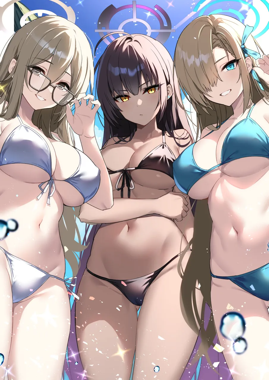 3girls akane__blue_archive alternate_costume aosaki_yukina asuna__blue_archive bare_shoulders bikini black_bikini black_hair blonde_hair blue_archive blue_bikini blue_eyes blue_ribbon blue_sky blush breasts brown_eyes brown_hair cleavage collarbone dark_skin dark_skinned_female glasses grin hair_between_eyes hair_over_one_eye hair_ribbon halo karin__blue_archive large_breasts long_hair looking_at_viewer multiple_girls navel ribbon sideboob sky smile sparkle stomach swimsuit underboob very_long_hair water_drop white_bikini yellow_eyes
