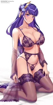 1girl artist_name bare_shoulders bra braid breasts brown_thighhighs cleavage detached_sleeves fanbox_username garter_belt genshin_impact hair_ornament high_heels highleg highleg_panties kneeling lace_trim lace_trimmed_bra lace_trimmed_panties large_breasts long_hair looking_at_viewer low_braided_long_hair low_tied_long_hair mole mole_under_eye navel pantheon_eve panties patreon_username purple_bra purple_eyes purple_hair purple_panties raiden_shogun solo string_panties thighhighs thighs thong underwear web_address