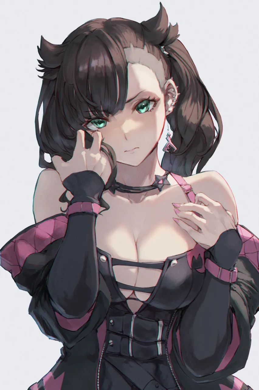 1girl alternate_breast_size asymmetrical_bangs bare_shoulders black_choker black_hair black_jacket breasts choker cleavage closed_mouth earrings green_eyes jacket jewelry jojobirdz looking_at_viewer marnie__pokemon medium_breasts off_shoulder piercing pink_nails pokemon pokemon_swsh shy solo stud_earrings twintails undercut upper_body v_shaped_eyebrows