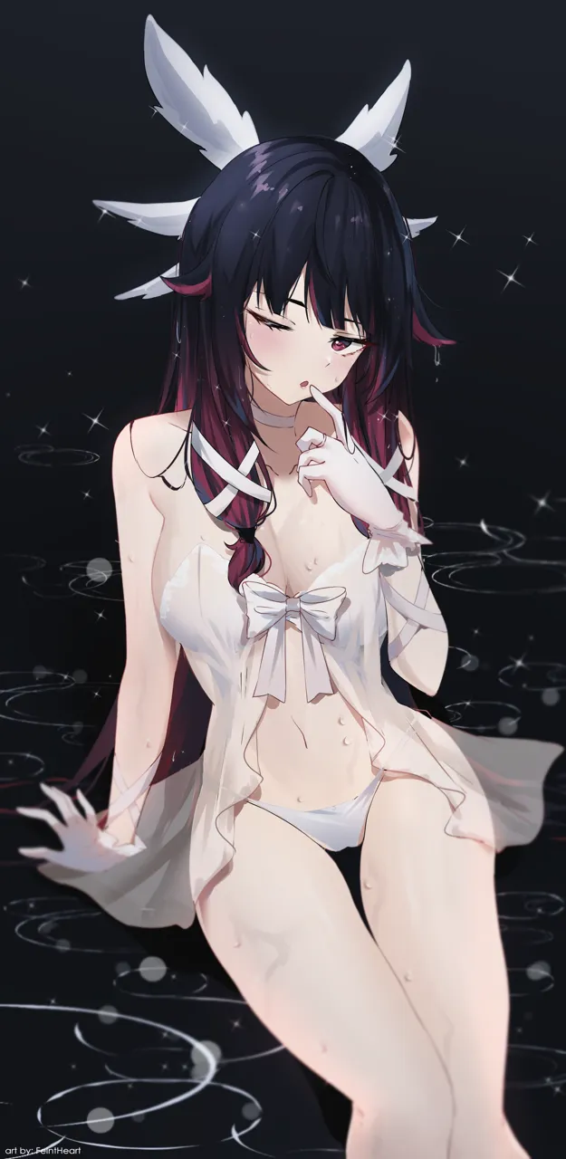 1girl alternate_costume arm_support artist_name babydoll bare_arms bare_shoulders black_background black_hair blush bow breasts choker feet_out_of_frame front_tie_top gloves hair_over_shoulder hair_ribbon head_wings index_finger_raised large_breasts long_hair looking_at_viewer multicolored_hair navel no_mask one_eye_closed panties parted_lips red_eyes red_hair ribbon ripples see_through_clothes sitting solo sparkle_background stomach thighs two_tone_hair underwear unusually_open_eyes water wet white_babydoll white_bow white_choker white_gloves white_panties white_ribbon wings feint721 genshin_impact columbina__genshin_impact