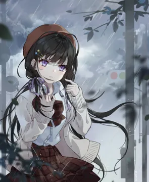1girl beret black_hair blurry blurry_foreground bow brown_bow brown_hat brown_skirt closed_mouth collared_shirt day depth_of_field dress_shirt hair_ornament hair_ribbon hairclip hat jacket long_hair long_sleeves looking_at_viewer low_twintails open_clothes open_jacket outdoors plaid_bow plaid_clothes plaid_skirt purple_eyes purple_ribbon rain ribbon shirt skirt sleeves_past_wrists solo traffic_light twintails utility_pole very_long_hair white_jacket white_shirt yukiri__l_ii