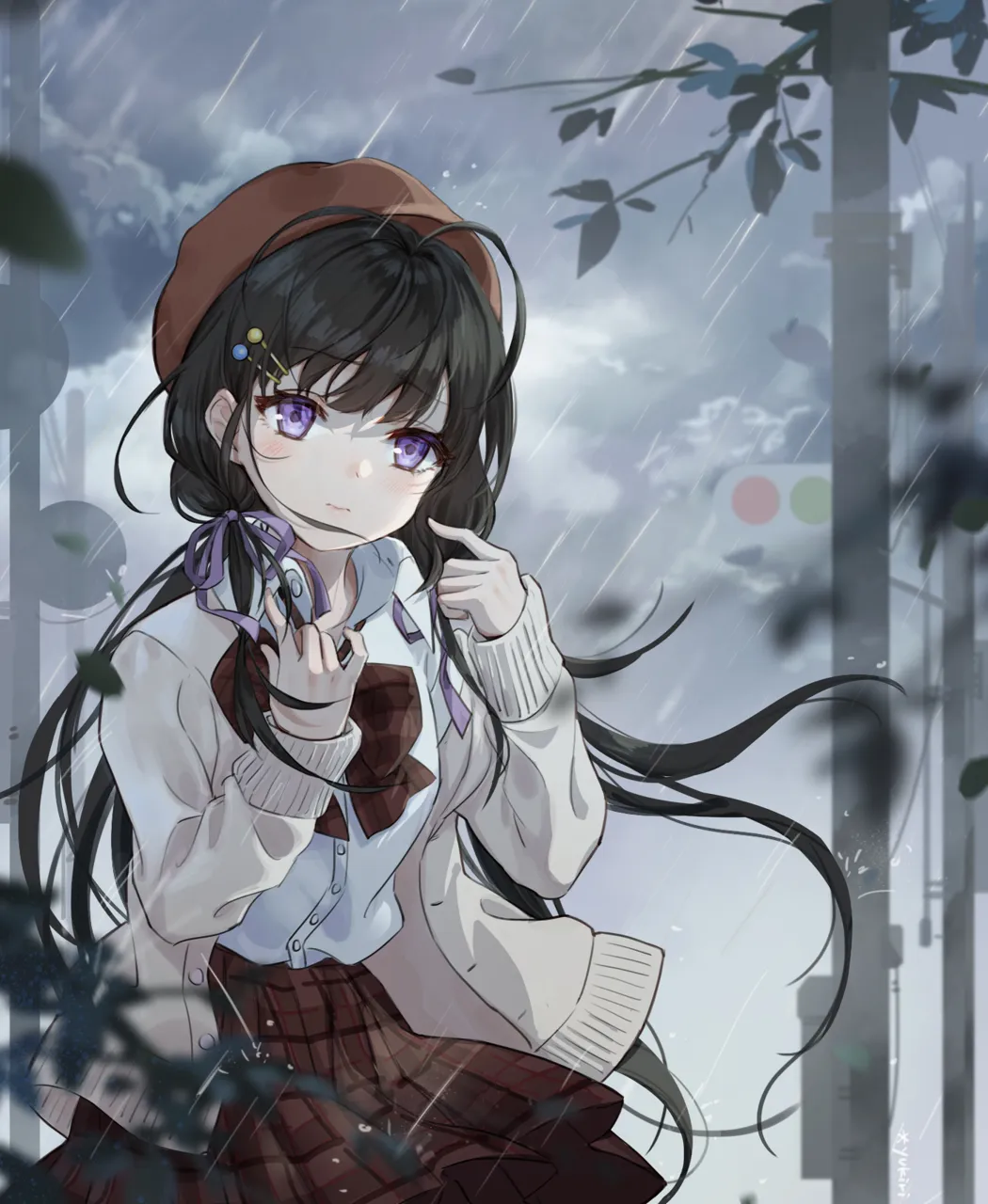 1girl beret black_hair blurry blurry_foreground bow brown_bow brown_hat brown_skirt closed_mouth collared_shirt day depth_of_field dress_shirt hair_ornament hair_ribbon hairclip hat jacket long_hair long_sleeves looking_at_viewer low_twintails open_clothes open_jacket outdoors plaid_bow plaid_clothes plaid_skirt purple_eyes purple_ribbon rain ribbon shirt skirt sleeves_past_wrists solo traffic_light twintails utility_pole very_long_hair white_jacket white_shirt yukiri__l_ii