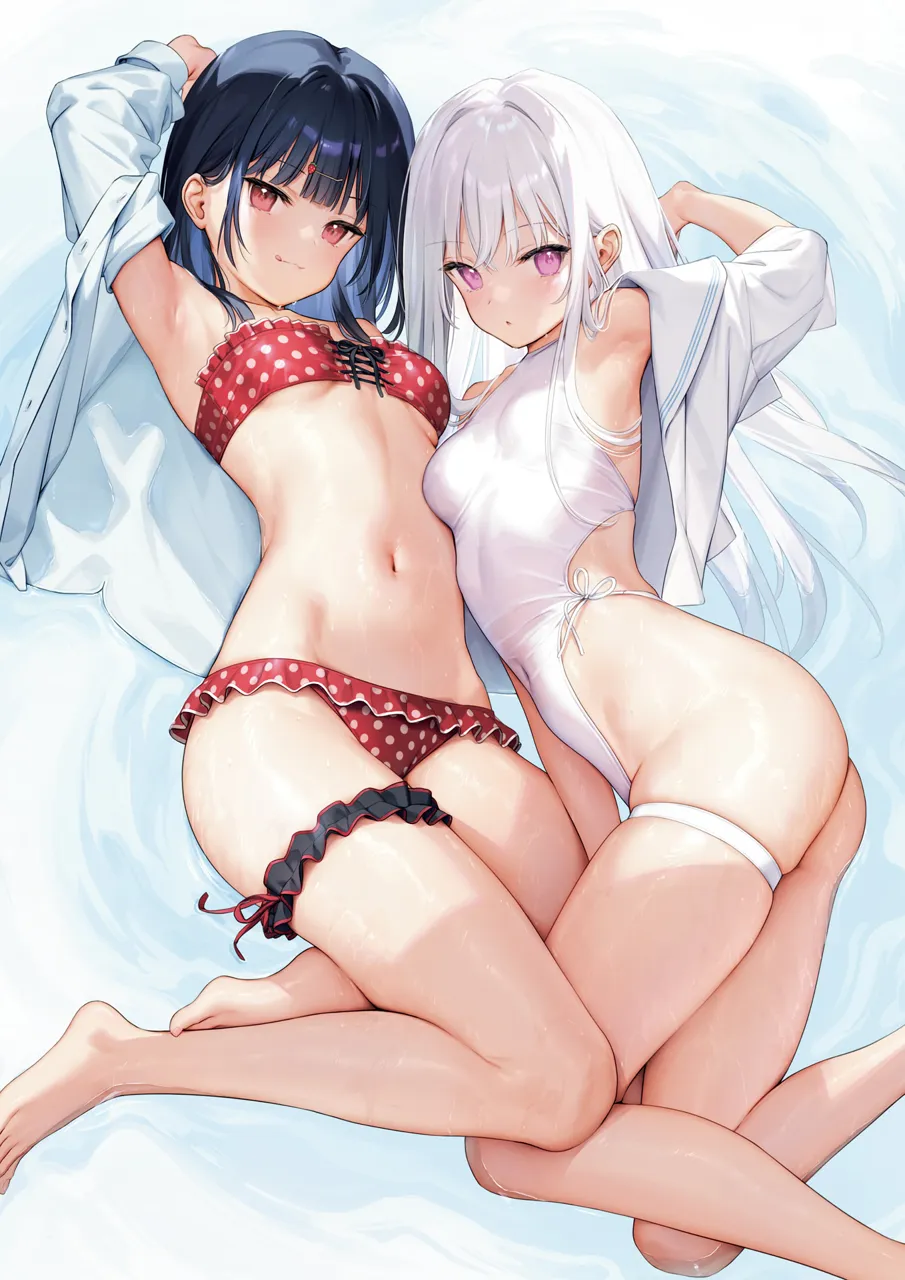 2girls armpits barefoot bikini black_hair blush breasts frills hair_ornament hairclip highleg highleg_one_piece_swimsuit long_hair looking_at_viewer multiple_girls navel one_piece_swimsuit open_clothes open_shirt polka_dot polka_dot_bikini purple_eyes red_eyes shiny_skin shirt short_hair small_breasts smile stomach swimsuit thigh_strap thighs toes white_hair white_shirt ichigo__mignon mignon shiro__mignon ichigo__mignon mignon shiro__mignon