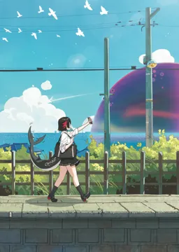 1girl bag bird black_hair black_skirt black_socks blue_sky bush cellphone cloud day fins fish_tail food food_in_mouth from_side holding holding_phone hollow__zenless_zone_zero multicolored_hair nail_polish ocean outdoors phone pleated_skirt popsicle popsicle_in_mouth power_lines profile red_hair selfie shark_girl shark_tail shirt shoes short_hair skirt sky smartphone socks solo tail walking water white_shirt midfinger zenless_zone_zero ellen_joe__zenless_zone_zero ellen_joe__on_campus__zenless_zone_zero