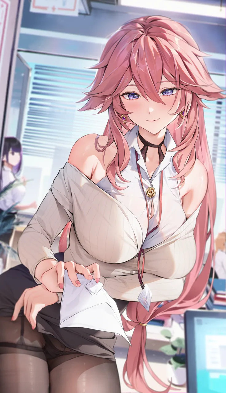 1other 2girls alternate_costume animal_ears arm_under_breasts armpit_crease bare_shoulders between_breasts black_bra black_choker black_garter_straps black_panties black_pantyhose black_skirt blurry blush book book_stack bra breasts button_gap cardigan choker cleavage closed_mouth clothes_lift collared_shirt computer contemporary cowboy_shot depth_of_field dutch_angle earrings floppy_ears fox_ears garter_straps genshin_impact golden_rose holding holding_paper houkisei indoors jewelry lanyard laptop large_breasts leaning_to_the_side lifting_own_clothes long_hair long_sleeves looking_at_viewer low_ponytail multiple_girls nail_polish off_shoulder office office_lady panties panties_under_pantyhose pantyhose paper pencil_skirt pink_nails plant ponytail potted_plant purple_eyes raiden_shogun shirt sidelocks skindentation skirt skirt_lift sleeveless sleeveless_shirt smile solo_focus taut_clothes thigh_strap thighband_pantyhose thighs underwear very_long_hair white_shirt window_blinds yae_miko