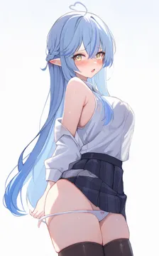 1girl ahoge alternate_costume black_skirt black_thighhighs blue_hair blush bow bow_panties breasts clothes_lift clothes_pull collared_shirt crossed_bangs double_parted_bangs ear_blush elf hair_between_eyes half_up_braid heart heart_ahoge hololive koahri large_breasts long_hair long_sleeves looking_at_viewer multicolored_hair open_mouth panties panty_pull plaid_clothes plaid_skirt pleated_skirt pointy_ears pulling_own_clothes see_through_silhouette shirt shirt_tucked_in sidelocks simple_background skindentation skirt skirt_lift sleeveless sleeveless_shirt solo streaked_hair thighhighs thighs underwear undressing very_long_hair virtual_youtuber white_background white_panties white_shirt yellow_eyes yukihana_lamy