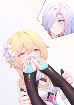 2girls bare_shoulders black_pantyhose blonde_hair blue_nails blush chan_sang dress earrings eyelashes feet flower foot_focus foot_on_another_s_face foot_worship genshin_impact gloves gradient_eyes grey_hair hair_between_eyes hair_flower hair_ornament hair_over_one_eye jewelry lumine__genshin_impact multicolored_eyes multiple_girls nail_polish no_shoes pantyhose partially_fingerless_gloves shenhe__genshin_impact smelling smelling_feet tassel tassel_earrings toe_ring toenail_polish toenails toes white_dress yellow_eyes yuri