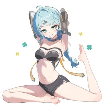 1girl ahoge aqua_eyes aqua_hair armpits arms_up barefoot bra braid breasts clover_hair_ornament dolphin_shorts feet grey_shorts hair_ornament hair_tie_in_mouth long_hair medium_breasts mole mole_on_shoulder mouth_hold shorts single_braid soles solo spread_legs strapless strapless_bra toes underwear yoga unnunal__unneonal zenless_zone_zero seed__zenless_zone_zero