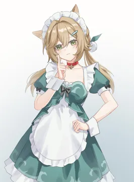 1girl alternate_costume apron brown_hair dress enmaided frilled_apron frills green_dress green_eyes hair_ornament hairclip long_hair looking_at_viewer low_twintails maid maid_apron maid_headdress puffy_short_sleeves puffy_sleeves short_sleeves solo twintails waist_apron white_apron wrist_cuffs yukiri__l_ii honkai__star_rail honkai__series qingque__honkai__star_rail