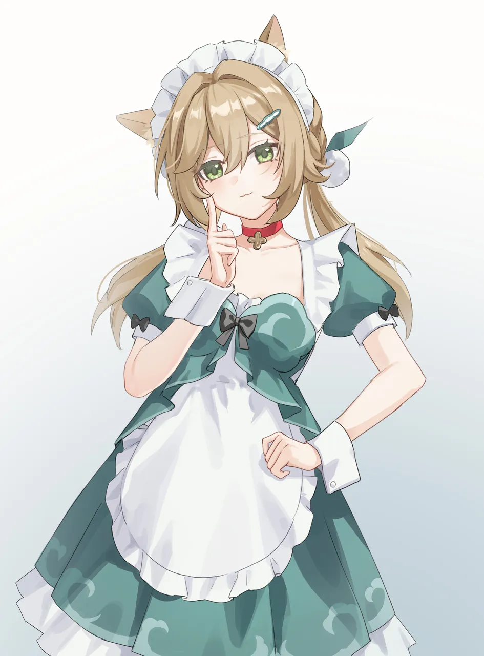 1girl alternate_costume apron brown_hair dress enmaided frilled_apron frills green_dress green_eyes hair_ornament hairclip long_hair looking_at_viewer low_twintails maid maid_apron maid_headdress puffy_short_sleeves puffy_sleeves short_sleeves solo twintails waist_apron white_apron wrist_cuffs yukiri__l_ii honkai__star_rail honkai__series qingque__honkai__star_rail