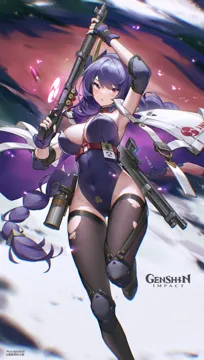 1girl alternate_costume arm_up armpits bilibili_xiaolu blush braid breasts brown_thighhighs cartridge copyright_name elbow_pads finger_on_trigger fingerless_gloves floating_hair genshin_impact gloves gun gun_on_back hand_up highleg highleg_leotard holding holding_gun holding_weapon jacket knee_pads large_breasts leotard long_hair looking_at_viewer low_braided_long_hair low_tied_long_hair mitsudomoe__shape parted_lips pink_hair pun purple_gloves purple_hair purple_leotard raiden_shogun shotgun shotgun_shell sleeveless sleeveless_jacket solo standing standing_on_one_leg strapless strapless_leotard thighhighs thighs tomoe__symbol torn_clothes torn_thighhighs very_long_hair weapon weapon_on_back white_jacket