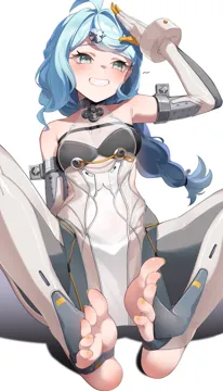 1girl ahoge aqua_eyes aqua_hair armpit_crease blush braid breasts clothing_cutout covered_nipples elbow_gloves feet gloves grin hair_ornament hairclip knees_apart_feet_together long_hair mole mole_on_shoulder nail_polish salute see_through_dress_layer side_cutout simple_background sitting small_breasts smile soles solo stirrup_legwear toeless_legwear toenail_polish toenails toes white_background yellow_nails feibai zenless_zone_zero seed__zenless_zone_zero