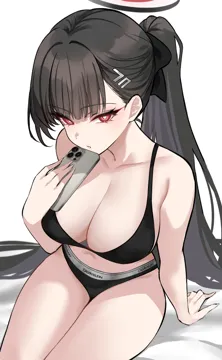 1girl alternate_costume alternate_hairstyle bare_shoulders black_bra black_hair black_panties blue_archive bra breasts calvin_klein cellphone cleavage hair_ornament hairclip halo iphone large_breasts long_hair looking_at_viewer navel panties phone ponytail red_eyes rio__blue_archive shigure_s simple_background smartphone solo underwear underwear_only white_background