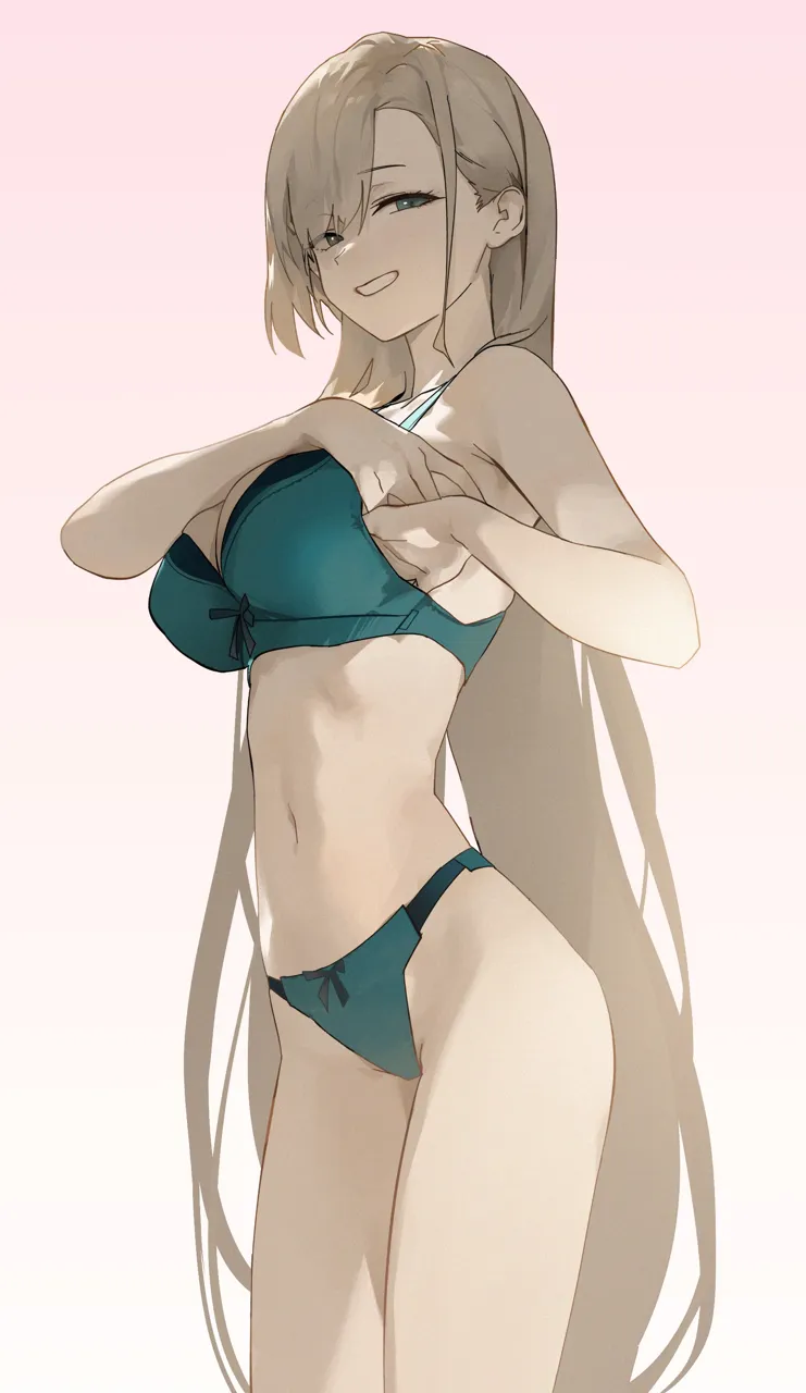 1girl adjusting_bra adjusting_clothes alternate_costume asuna__blue_archive asymmetrical_bangs blonde_hair blue_archive blue_eyes bow bow_bra bow_panties bra breasts dokshuri hair_over_one_eye hand_in_bra lingerie long_hair mole mole_on_breast navel panties smile solo stomach underwear very_long_hair