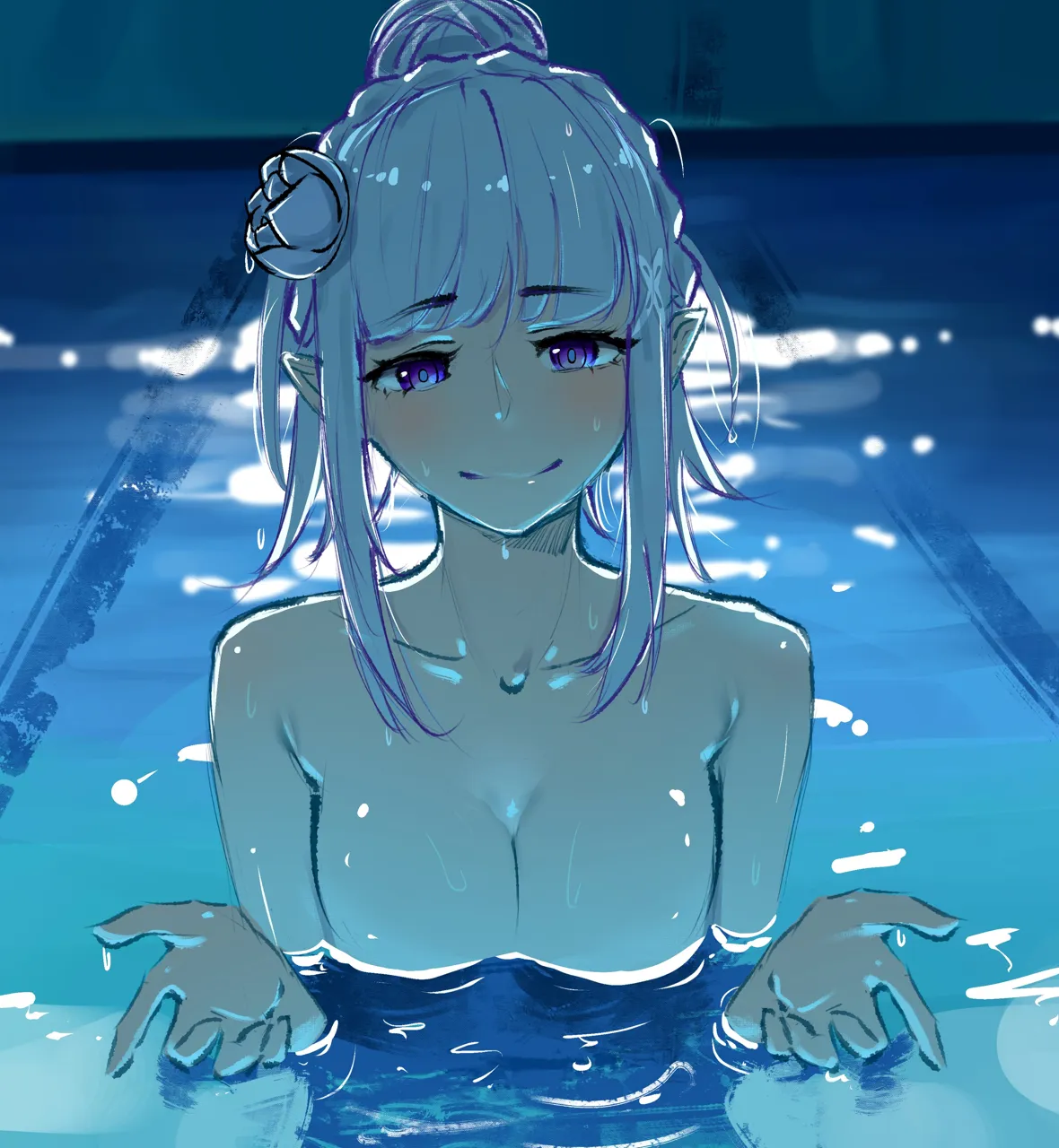 1girl alternate_hairstyle braid breasts cleavage collarbone completely_nude crown_braid elf flower hair_bun hair_flower hair_ornament hair_ribbon hair_up hands_up indoors long_hair looking_at_viewer medium_breasts nude partially_submerged pointy_ears pool purple_eyes purple_ribbon ribbon rose scene_reference sidelocks smile solo swimming upper_body water wet wet_hair white_flower white_hair white_rose x_hair_ornament babywipes re_zero_kara_hajimeru_isekai_seikatsu emilia__re_zero