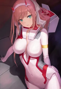 1girl arm_support bodysuit breasts covered_navel darling_in_the_franxx green_eyes hair_between_breasts hairband hamstarhand horns large_breasts long_hair looking_at_viewer mecha_pilot_suit parasite_suit__darling_in_the_franxx pink_hair red_horns sidelocks solo white_bodysuit white_hairband zero_two__darling_in_the_franxx