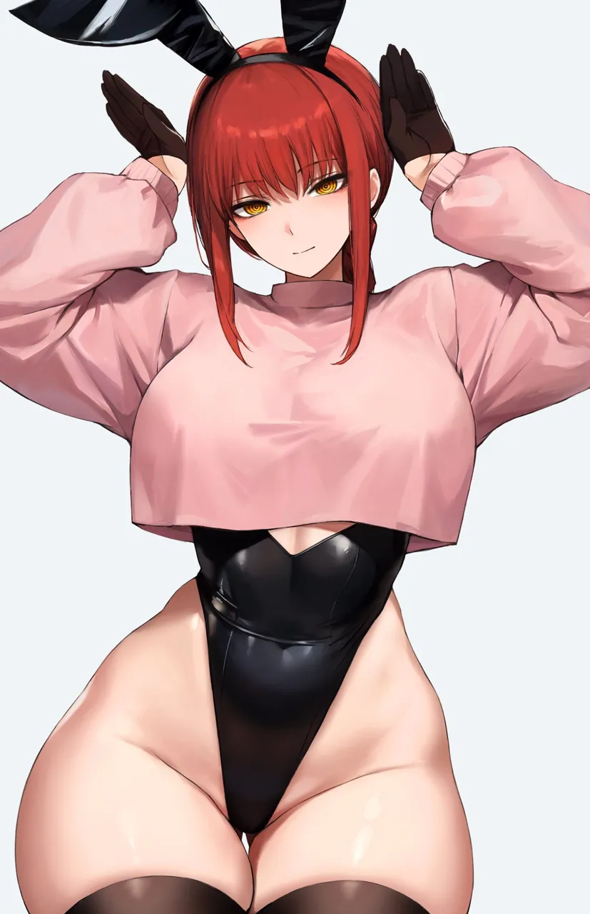 1girl alternate_costume animal_ears ass_visible_through_thighs black_gloves black_leotard black_thighhighs breasts chainsaw_man closed_mouth cowboy_shot cropped_sweater curvy deyo__nicijyou fake_animal_ears gloves highleg highleg_leotard large_breasts leotard long_hair long_sleeves looking_at_viewer makima__chainsaw_man playboy_bunny rabbit_ears rabbit_pose red_hair ringed_eyes sidelocks simple_background solo thick_thighs thighhighs thighs white_background wide_hips yellow_eyes