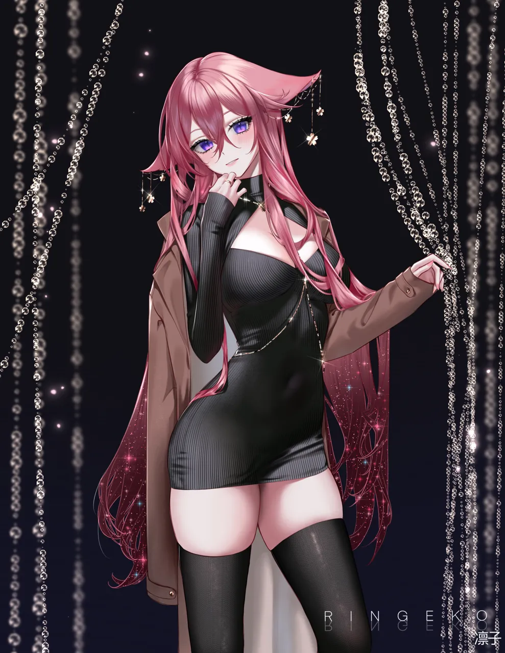 1girl alternate_costume animal_ears black_dress black_thighhighs breasts cleavage cleavage_cutout clothing_cutout coat dark_background dress earrings floppy_ears fox_ears fox_girl jewelry looking_at_viewer pink_hair purple_eyes smile solo thighhighs twitter_strip_game ringeko_chan genshin_impact yae_miko