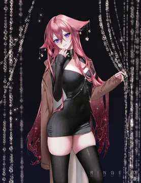 1girl alternate_costume animal_ears black_dress black_thighhighs breasts cleavage cleavage_cutout clothing_cutout coat dark_background dress earrings floppy_ears fox_ears fox_girl jewelry looking_at_viewer pink_hair purple_eyes smile solo thighhighs twitter_strip_game ringeko_chan genshin_impact yae_miko