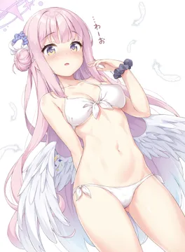 1girl alternate_costume angel_wings bare_arms bare_legs bare_shoulders bikini black_scrunchie blue_archive blush breasts collarbone feathered_wings flower front_tie_top hair_bun hair_flower hair_ornament halo long_hair looking_at_viewer medium_breasts mika__blue_archive navel nose_blush pink_hair pink_halo scrunchie side_tie_bikini_bottom single_side_bun solo stomach swimsuit very_long_hair white_bikini white_wings wings wrist_scrunchie yamasan yellow_eyes