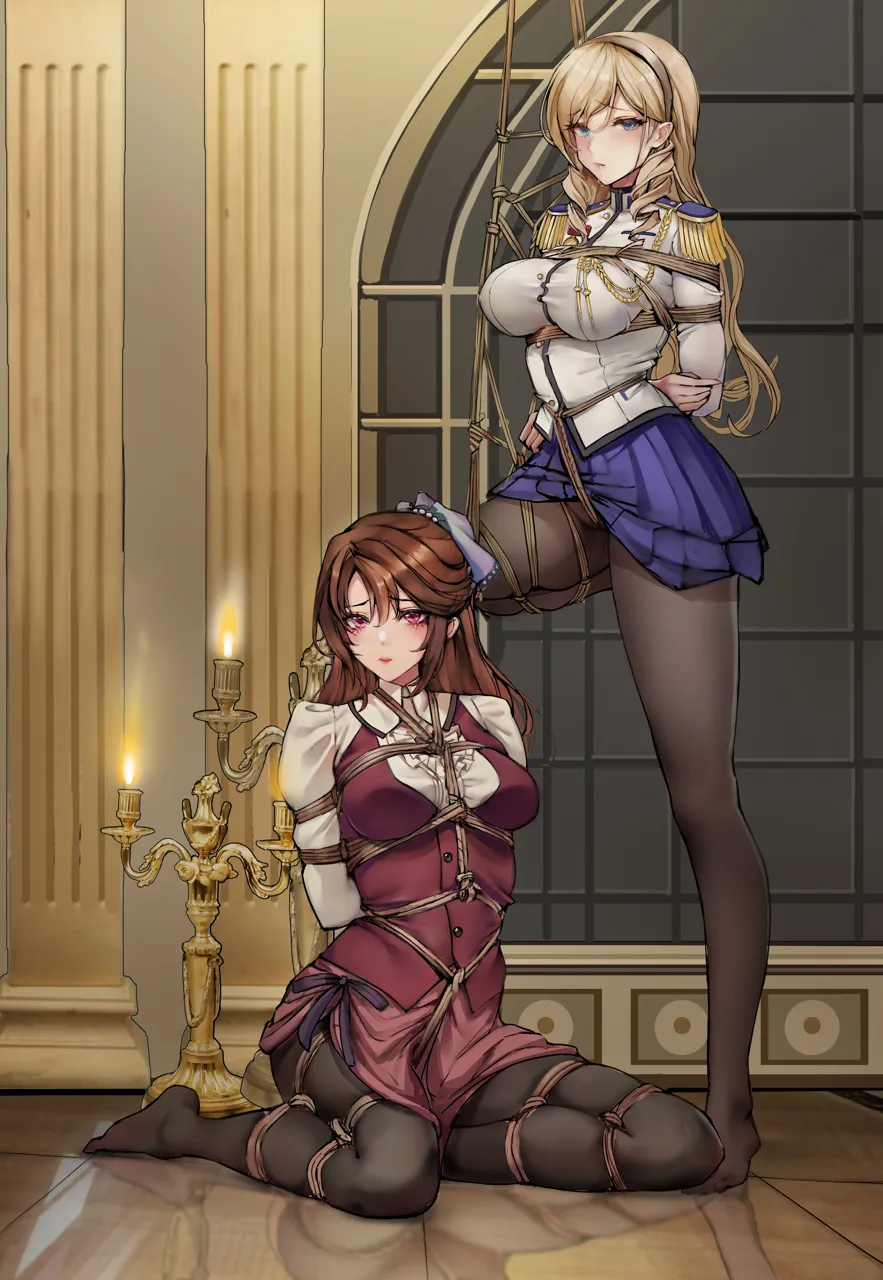 2girls arms_behind_back bdsm black_pantyhose blonde_hair blue_eyes blue_skirt bondage bound bound_arms bound_legs breasts brown_hair candelabra candlestand drill_hair frogtie full_body hairband indoors long_hair long_legs looking_at_viewer multiple_girls pantyhose pink_eyes pleated_skirt reflection reflective_floor rope shibari sitting skirt standing standing_on_one_leg yokozuwari gdhs walkure_romanze yakata__kannou_kitan celia_kumani_entory zenouji_miki