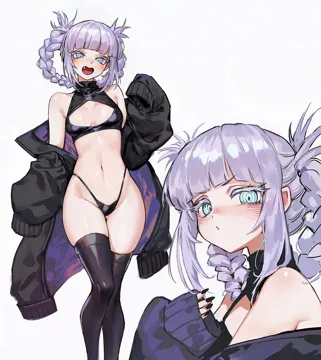 1girl bare_shoulders black_coat black_nails black_panties blue_eyes blush boots braid braided_hair_rings breasts cleavage_cutout clothes_pull clothing_cutout coat crop_top curvy expressionless fang foolish_potato from_side groin hair_rings hand_up highleg highleg_panties hip_focus jacket jacket_pull legs long_hair long_sleeves looking_at_viewer multiple_views nail_polish nanakusa_nazuna__yofukashi_no_uta navel no_pants off_shoulder one_eye_closed panties pear_shaped_figure purple_hair revealing_clothes skindentation sleeveless small_breasts smile stomach thigh_boots thighs twin_braids underwear upper_body yofukashi_no_uta