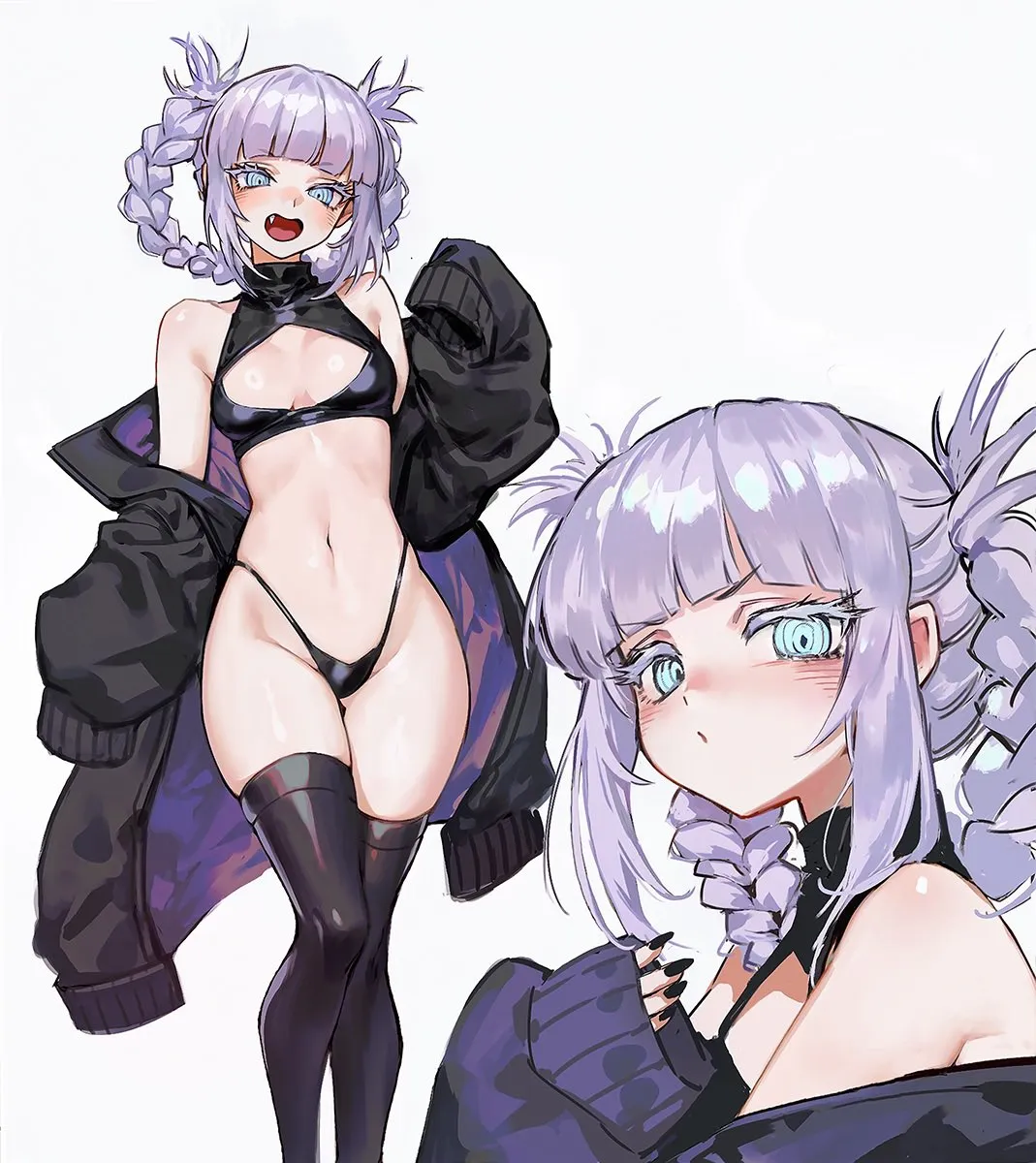 1girl bare_shoulders black_coat black_nails black_panties blue_eyes blush boots braid braided_hair_rings breasts cleavage_cutout clothes_pull clothing_cutout coat crop_top curvy expressionless fang foolish_potato from_side groin hair_rings hand_up highleg highleg_panties hip_focus jacket jacket_pull legs long_hair long_sleeves looking_at_viewer multiple_views nail_polish nanakusa_nazuna__yofukashi_no_uta navel no_pants off_shoulder one_eye_closed panties pear_shaped_figure purple_hair revealing_clothes skindentation sleeveless small_breasts smile stomach thigh_boots thighs twin_braids underwear upper_body yofukashi_no_uta