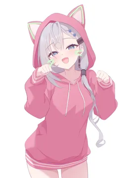 1girl alternate_costume animal_ears animal_hood blue_eyes blush cat_hood drawn_whiskers grey_hair hair_ornament hood jacket long_hair long_sleeves looking_at_viewer open_mouth paw_pose smile solo virtual_youtuber white_background ogossi hololive hololive_indonesia vestia_zeta__hololive