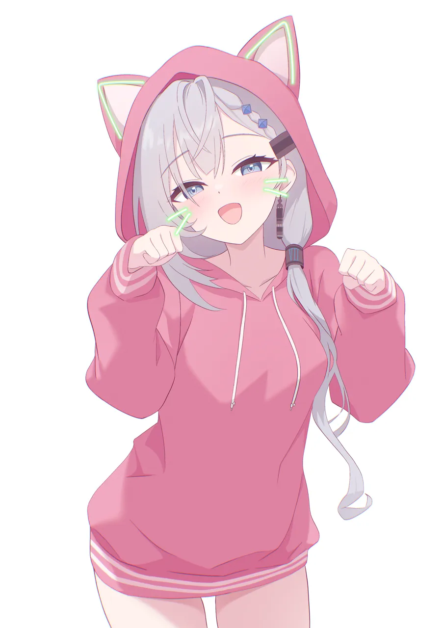 1girl alternate_costume animal_ears animal_hood blue_eyes blush cat_hood drawn_whiskers grey_hair hair_ornament hood jacket long_hair long_sleeves looking_at_viewer open_mouth paw_pose smile solo virtual_youtuber white_background ogossi hololive hololive_indonesia vestia_zeta__hololive