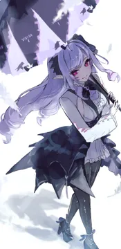 1girl black_bow black_bowtie black_nails black_pantyhose black_skirt bow bowtie breasts center_frills dot_nose dress drill_hair drill_sidelocks frilled_sleeves frills from_above holding holding_umbrella long_hair long_sleeves looking_at_viewer medium_breasts mole mole_under_eye pantyhose platform_shoes pointy_ears purple_eyes purple_hair showgirl_skirt sidelocks skirt smile solo three_quarter_view umbrella very_long_hair white_background white_dress sanshoku_dango__shukosuko zenless_zone_zero vivian__zenless_zone_zero