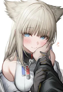 1girl 1other animal_ears bare_shoulders black_gloves blue_eyes blush closed_mouth covered_collarbone dress extra_ears gloves grey_hair hand_on_another_s_cheek hand_on_another_s_face heart looking_at_viewer simple_background sleeveless sleeveless_dress smile two_tone_gloves white_background white_dress yellow_gloves tab_head arknights arknights__endfield perlica__arknights