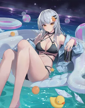 1girl ball bare_legs bare_shoulders beachball bikini black_bikini black_choker breasts brown_eyes can choker cleavage criss_cross_halter drink feet_out_of_frame grey_hair grey_jacket hair_ornament halterneck holding holding_can holding_drink innertube jacket knees_up leaning_back legs long_hair long_sleeves looking_at_viewer medium_breasts multi_strapped_bikini o_ring o_ring_bikini o_ring_top off_shoulder open_clothes open_jacket outdoors paper_boat pool rubber_duck scrunchie sitting solo starfish_hair_ornament stomach swim_ring swimsuit thighs water white_hair wrist_scrunchie xzu